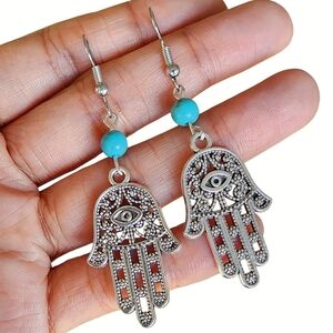 Fatima Evil Eye Boho Earrings Dangle Bohemian Howlite Tribal Y2K Silver Jewelry